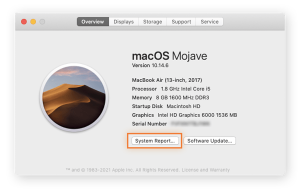 La opción Informe del sistema, que se encuentra en el menú Acerca de este Mac.