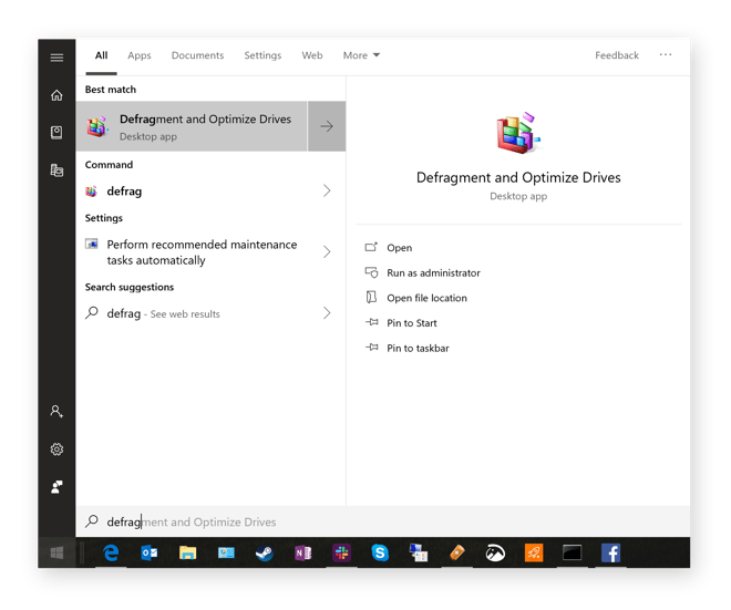 Running Defragmentation utility in Windows 10
