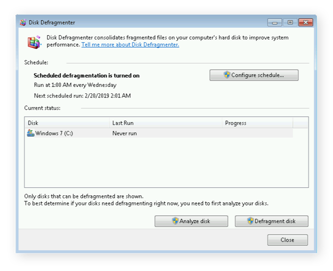 Defrag overview in Windows 7