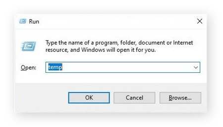 How to use the Run dialogue box to locate and open the Windows Temp files folder.