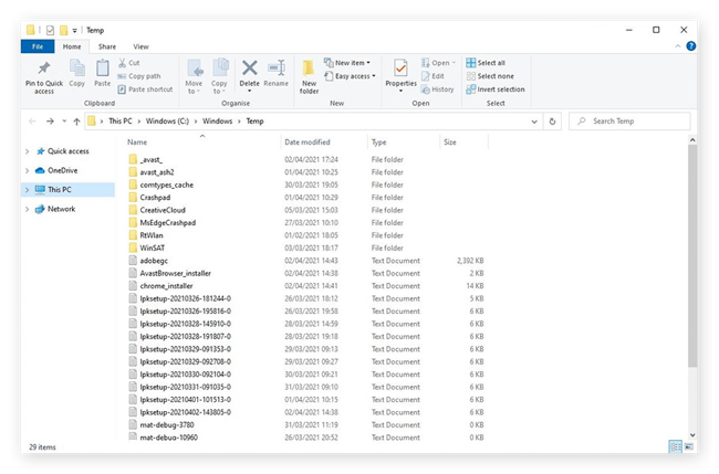 Vista del explorador de archivos de la carpeta Temp de Windows, donde se almacenan los archivos temporales creados por el sistema operativo.