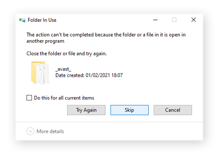 Boîte de dialogue Dossier en cours d’utilisation qui peut s’afficher lors de la suppression des fichiers temporaires du dossier Temp de Windows.