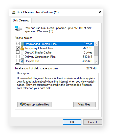 The list of junk files identified by Windows Disk Clean-up including program files and temporary internet files.