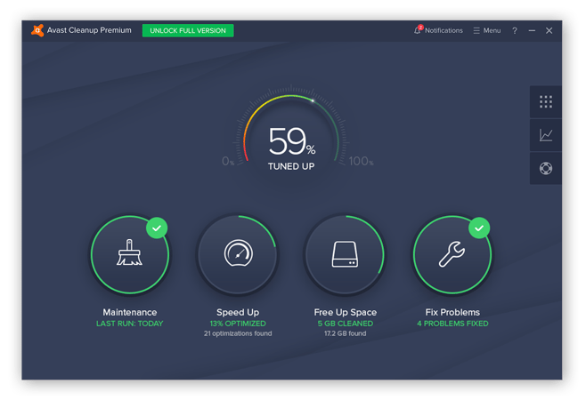 Das Avast Cleanup-Dashboard mit den Tools „Wartung“, „Beschleunigen“, „Speicherplatz freigeben“ und „Probleme beheben“.