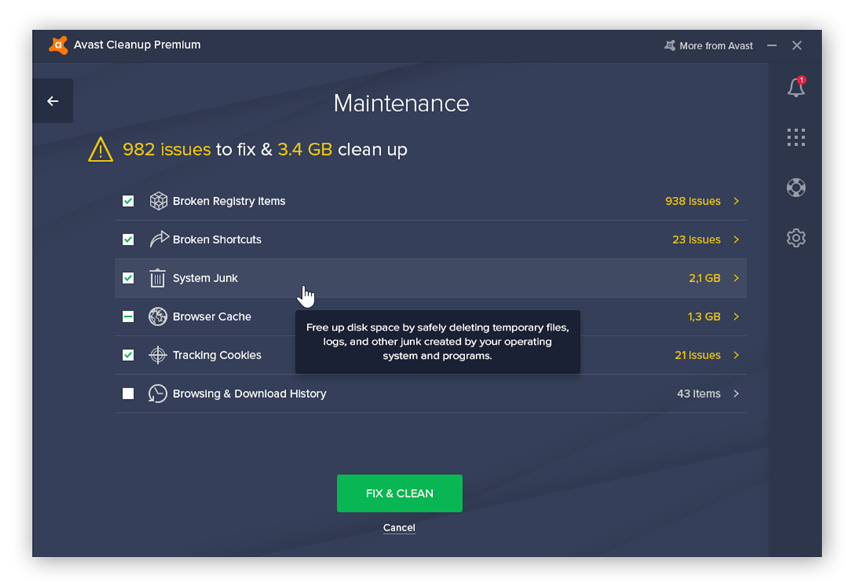The Avast Cleanup Maintenance menu which allows users to clean system junk, browser cache, and fix broken registry items.