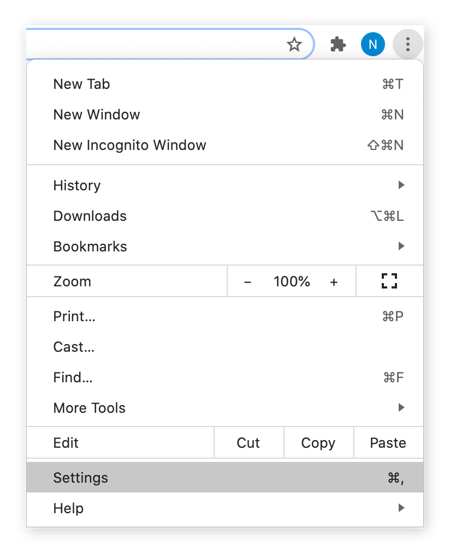 Ouverture du menu des paramètres dans Google Chrome.