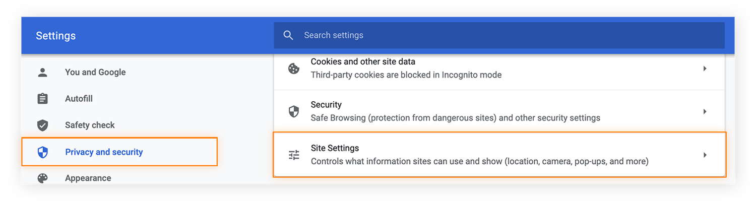 Opening up the privacy and security options in settings in Google Chrome.