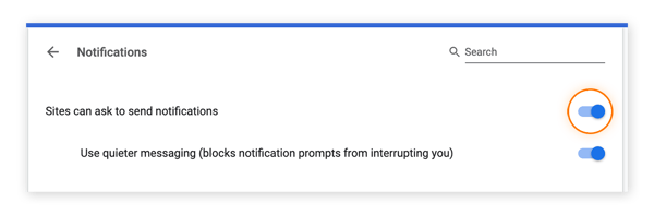 Blocking sites from sending permission requests for notifications in Google Chrome.