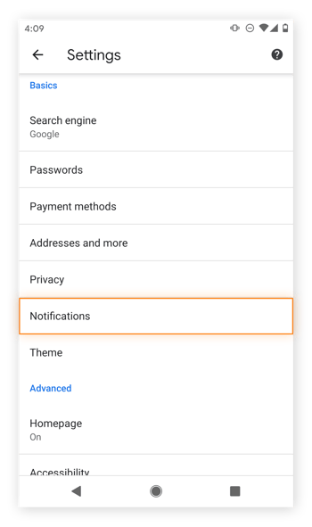 Escolher notificações no menu Configurações no Google Chrome no Android.
