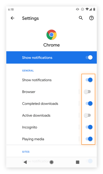Adjusting Google Chrome notifications on Android.