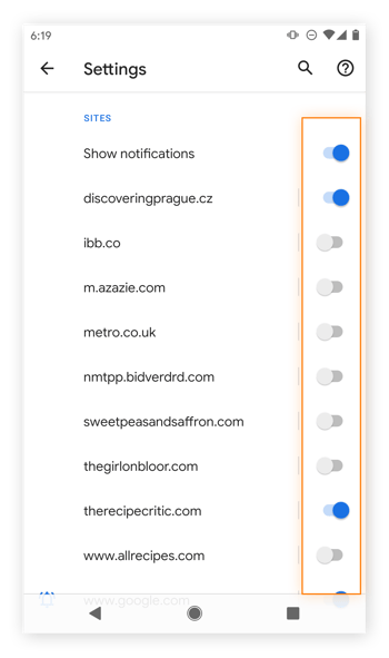 Ajustar as notificações do Chrome de sites no Android.