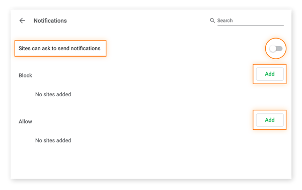 The Avast Secure Browser Notifications center, where you can choose to Allow or Deny sites from sending you notifications.