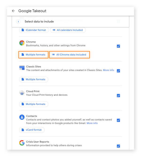 Con Google Takeout, puede ver qué formatos tendrán los datos y elegir los elementos que desea descargar.