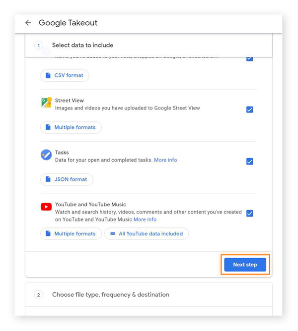 Choosing all the Google services you want to download with Google Takeout.