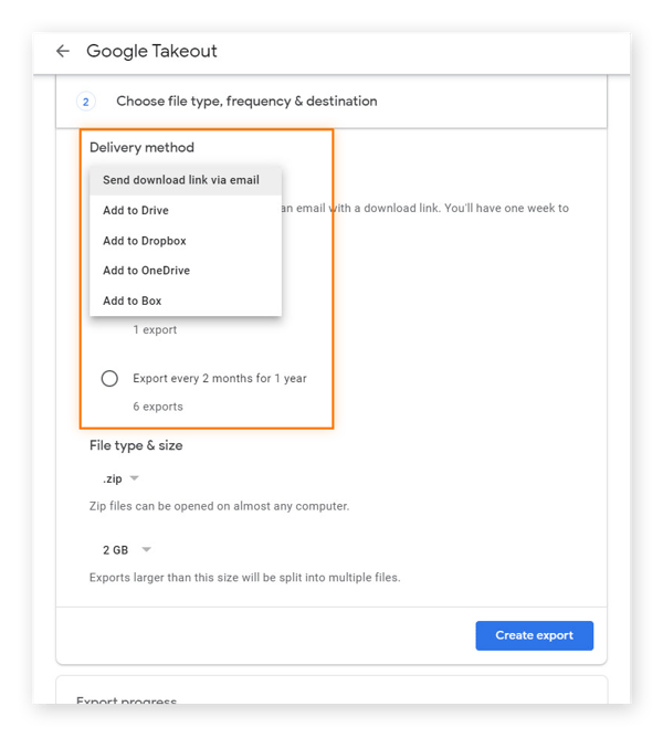 Com o Google Takeout, é possível escolher como o Google enviará os dados e com que frequência.