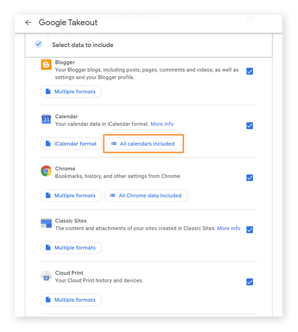 Alt Text: Choose which calendars you want to download data from in Google Calendar, or download all of them.