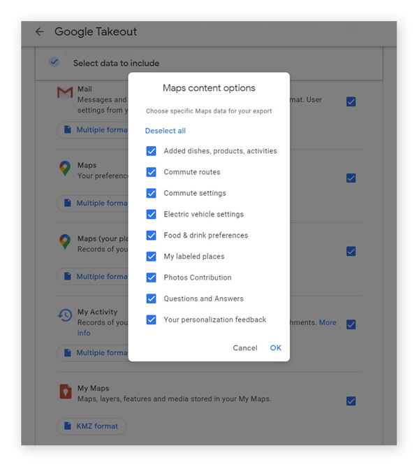 Select from a number of options for what kind of data to download from Google Maps, including items added, commute routes, food and drink preferences, and more.