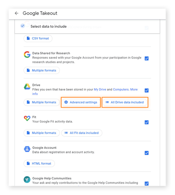 Choose from a number of options when deciding which files and folders to download from Google Drive.