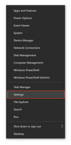 To see your local IP address in Windows 10, start by right-clicking the Window icon and picking “Settings.”