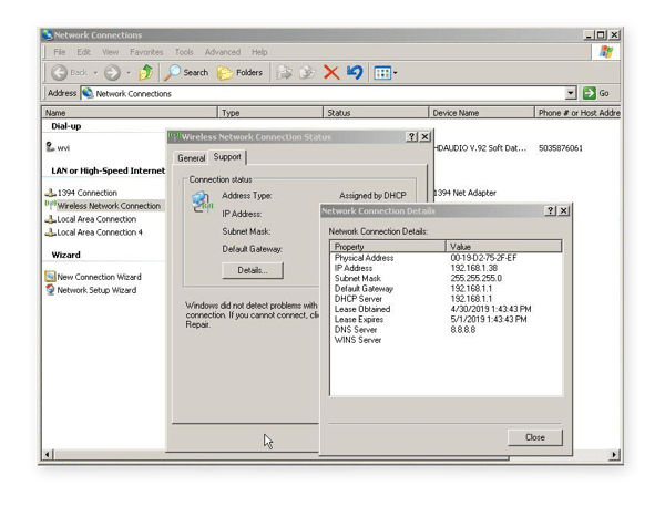 Clicking the “Details” tab in the Windows XP’s Wireless Connection Details screen shows a number of network parameters, including your local IP address.