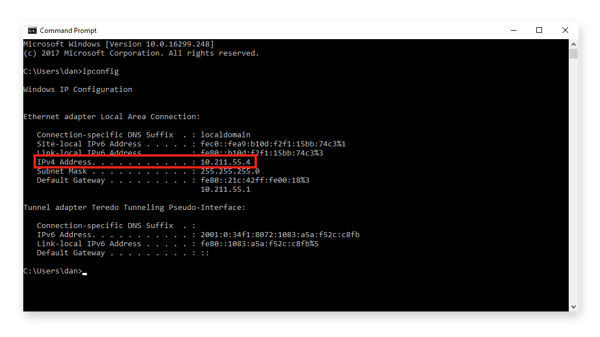 Entering “ipconfig” in a Windows Command Prompt screen displays several network parameters, including your local IP address.
