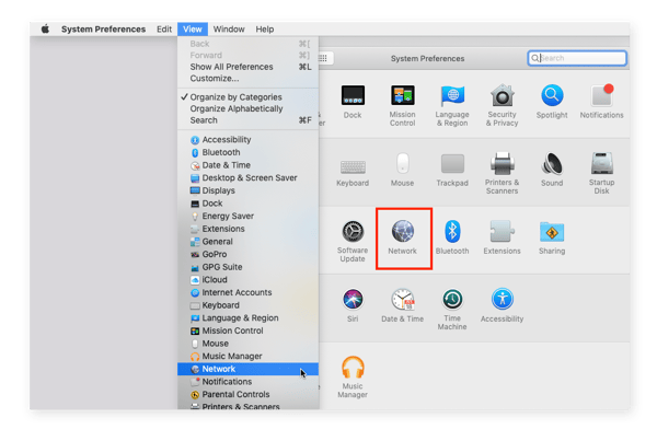 There are several ways to see your local IP address on a Mac. Start by opening the Network System Preferences pane, either with the View menu or by double-clicking the Network. icon.
