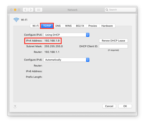 To see your local IP address for a Wi-Fi connection, click the “TCP/IP”button in the top menu. Click “Cancel” to get back to your normal work.