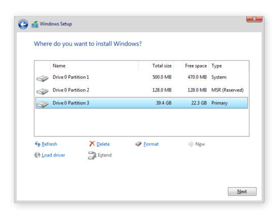 Using the Windows setup program to format drives