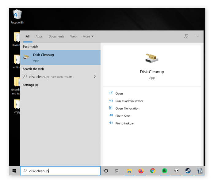 O menu iniciar do Windows com a Limpeza de Disco exibida