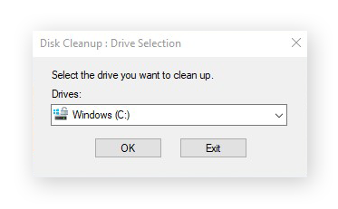 Selecting a disk to clean with Disk Cleanup for Windows 10