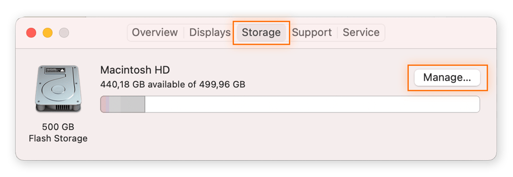 Viewing and managing storage options in macOS Catalina.