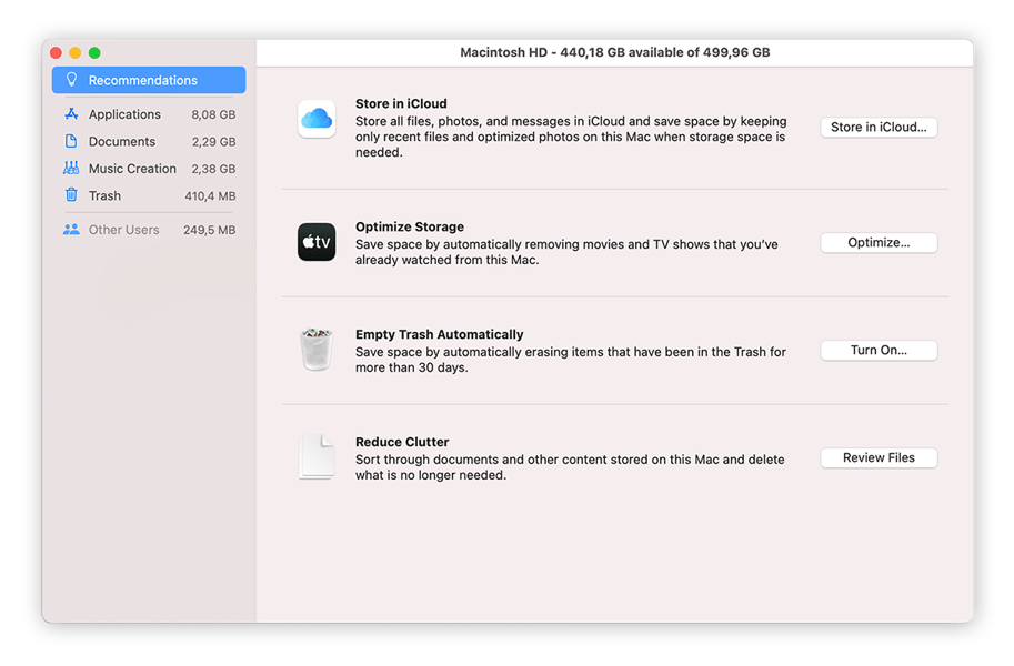 Optimización del almacenamiento para borrar archivos grandes y liberar espacio en disco en macOS.