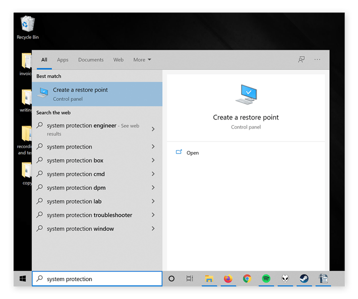 A windows start menu showing the System Restore app.