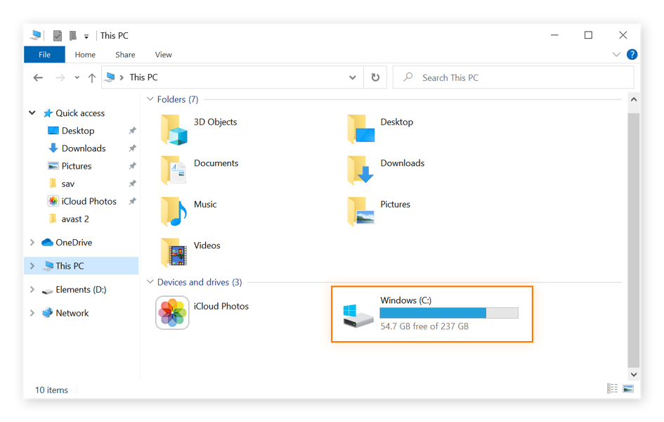 An overview of "This PC" in windows explorer with Windows C drive highlighted.