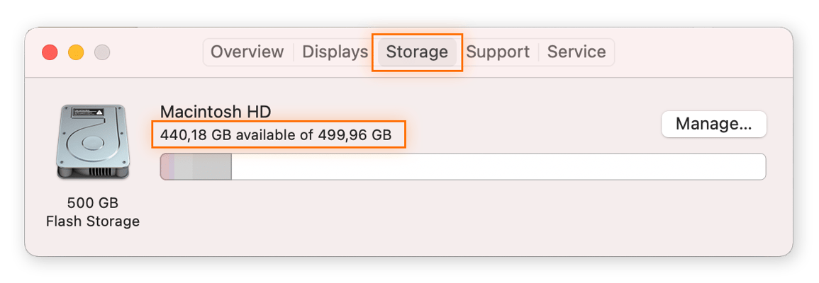 Viewing available storage in macOS Catalina.