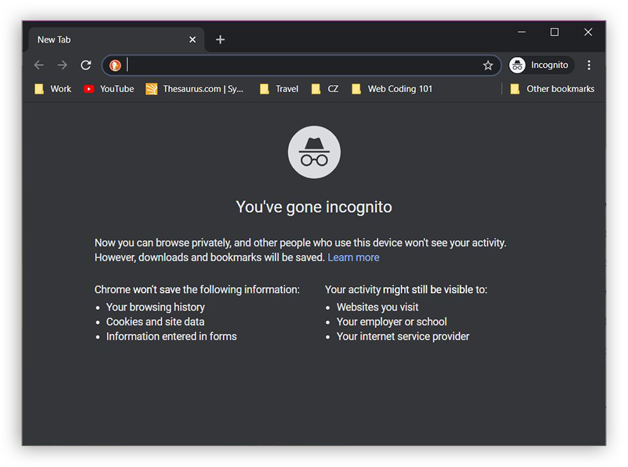 Screenshot of the Chrome Incognito Mode window, with its dark mode color scheme and the hat-and-glasses logo in the center