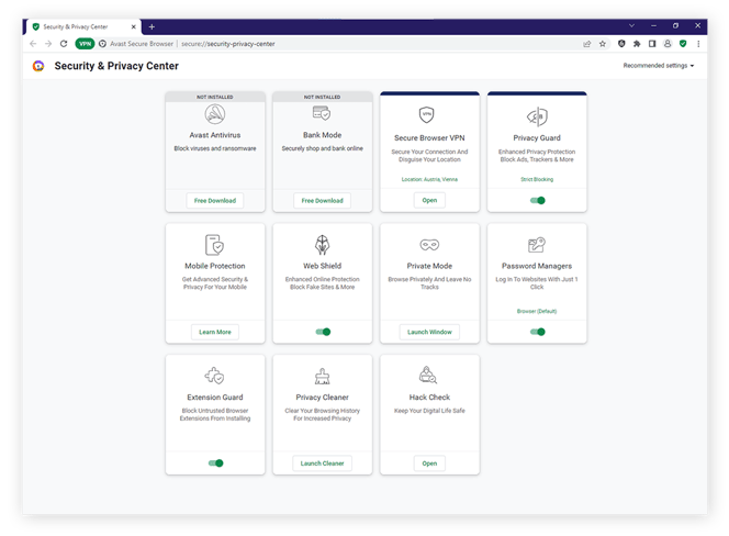 Das Sicherheits- und Datenschutz-Center in Avast Secure Browser für Windows 10