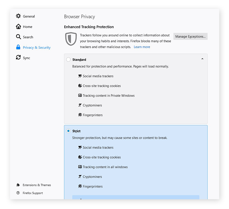 Einstellen des verbesserten Schutzes vor Aktivitätenverfolgung von Firefox auf „Streng“ in Windows 10