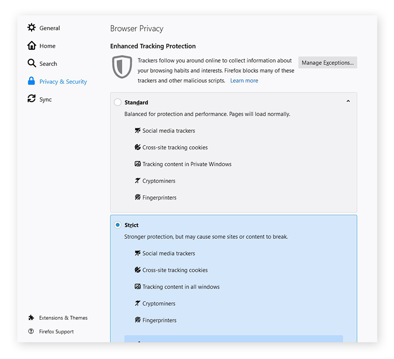 Configuration de la protection renforcée contre le pistage au niveau Stricte dans Firefox dans Windows 10