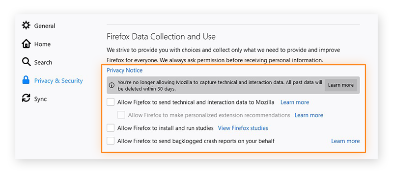 Deaktivieren der Datenerhebung und -verwendung von Firefox in den Firefox-Optionen unter Windows 10