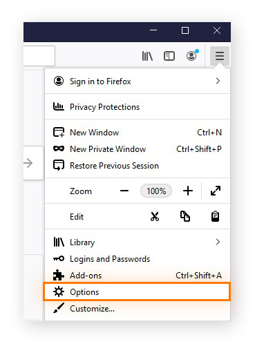 Opening the Options from the menu in Firefox for Windows 10