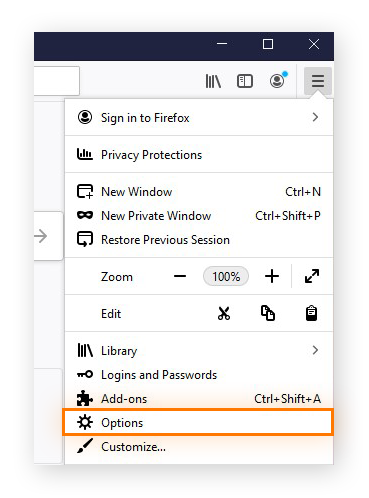 Öffnen der Optionen über das Menü in Firefox für Windows 10