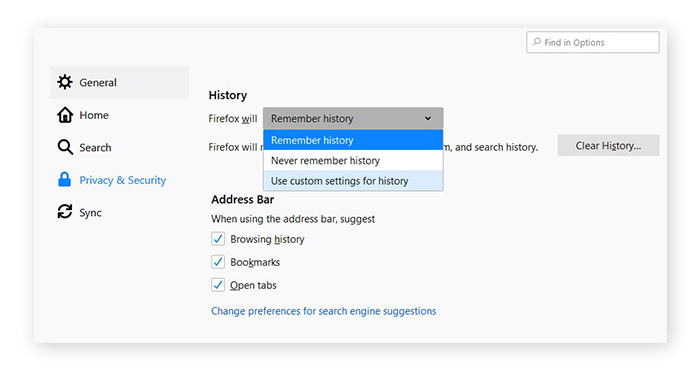 Cambiar los ajustes de historial en Firefox para Windows 10