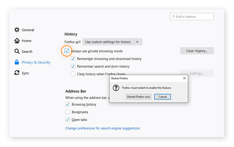 Setting Firefox to always use private browsing mode in Windows 10