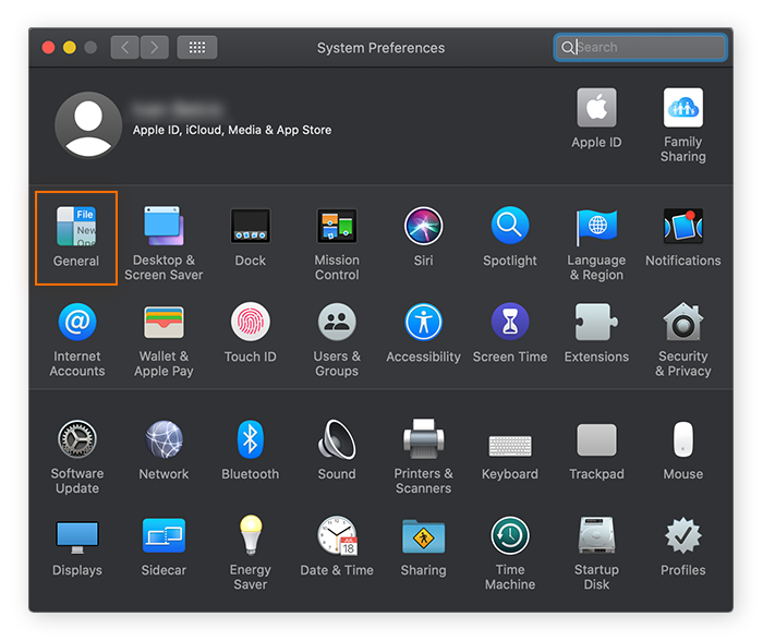 Opening the General section of the System Preferences in macOS