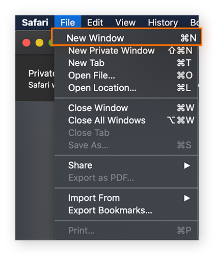 Abrindo uma janela de Navegação Privada no Safari para macOS
