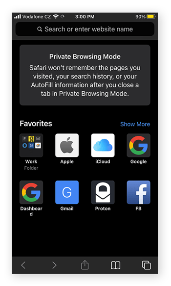 A Private Browsing page in Safari for iOS