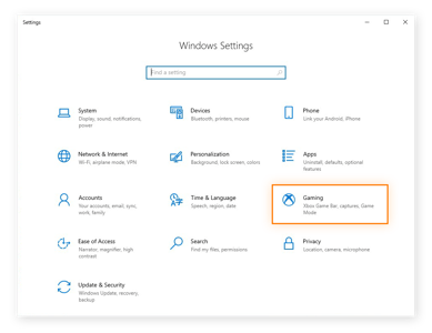 přístup k nastavení her v systému Windows 10 z nabídky Nastavení systému Windows