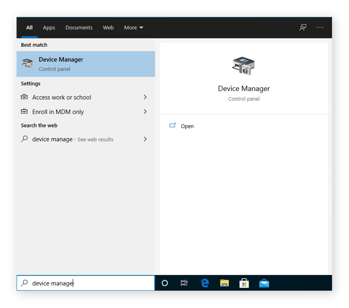 Zugriff auf den Geräte-Manager über das Suchfeld in Windows 10