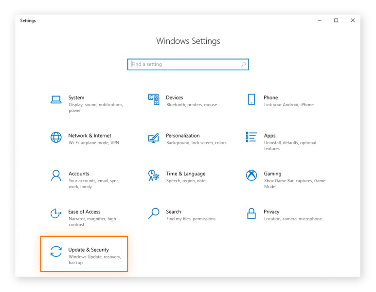 Ouverture des options de Mise à jour et sécurité dans les paramètres de Windows 10